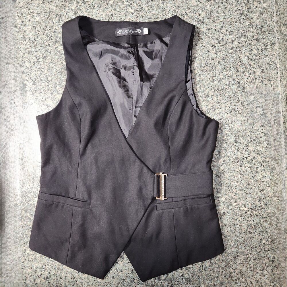 Liliya Black Vest Single Button Fake Gems Belt Closure Women XXL Runs Small - Picture 2 of 10